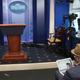 Glenn Thrush in the White House briefing room, doing some work. Image: Getty
